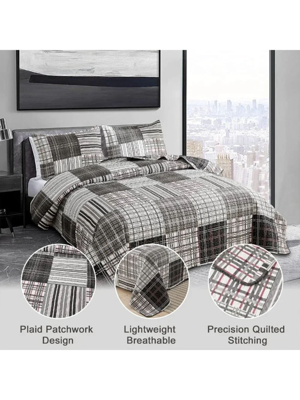 Twin Size Plaid Quilt Set - Black White Grey Reversible Bedspread, Soft